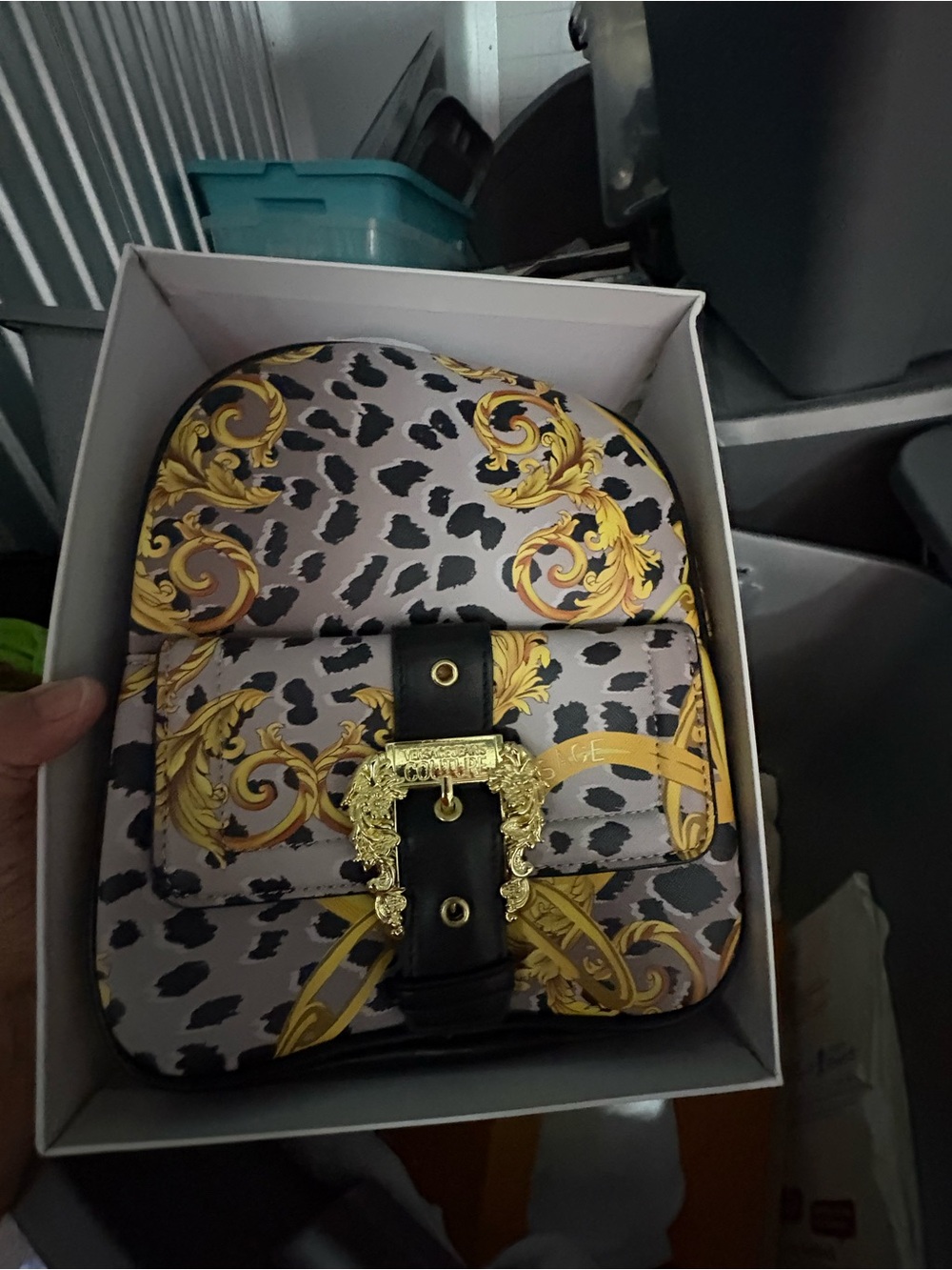 Baroque Scroll Print Women's Backpack with Gold Buckle - Black & Gold